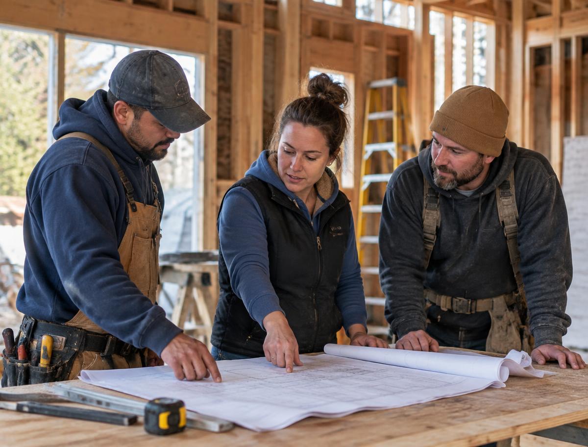 A woman contractor reviewing building plans with her construction crew