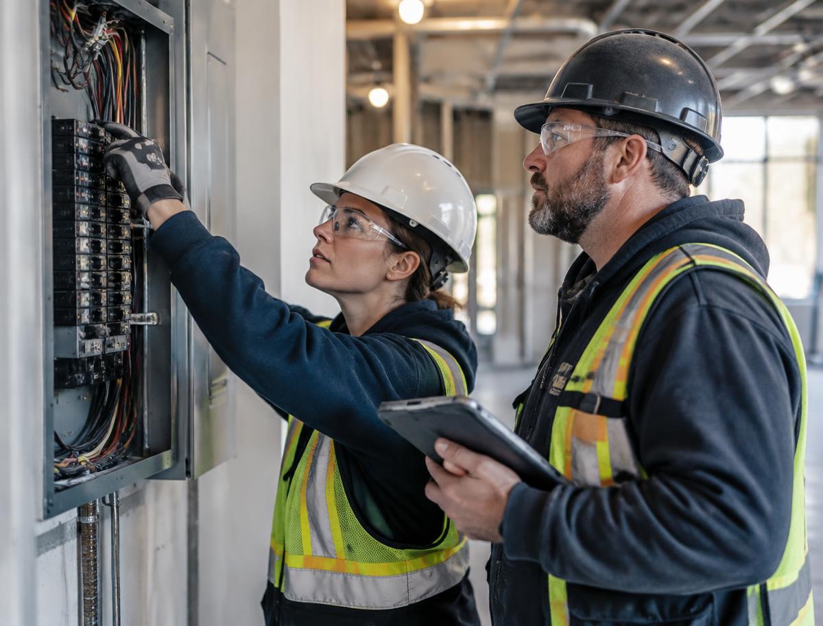 Electricians working together at a commercial job site